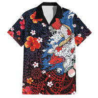 Hawaiian and Japanese Together Family Matching Summer Maxi Dress and Hawaiian Shirt Hibiscus and Koi Fish Polynesian Pattern Colorful Style LT03 Dad's Shirt - Short Sleeve Red - Polynesian Pride