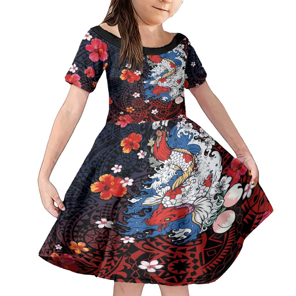 Hawaiian and Japanese Together Family Matching Tank Maxi Dress and Hawaiian Shirt Hibiscus and Koi Fish Polynesian Pattern Colorful Style LT03 Daughter's Dress Red - Polynesian Pride