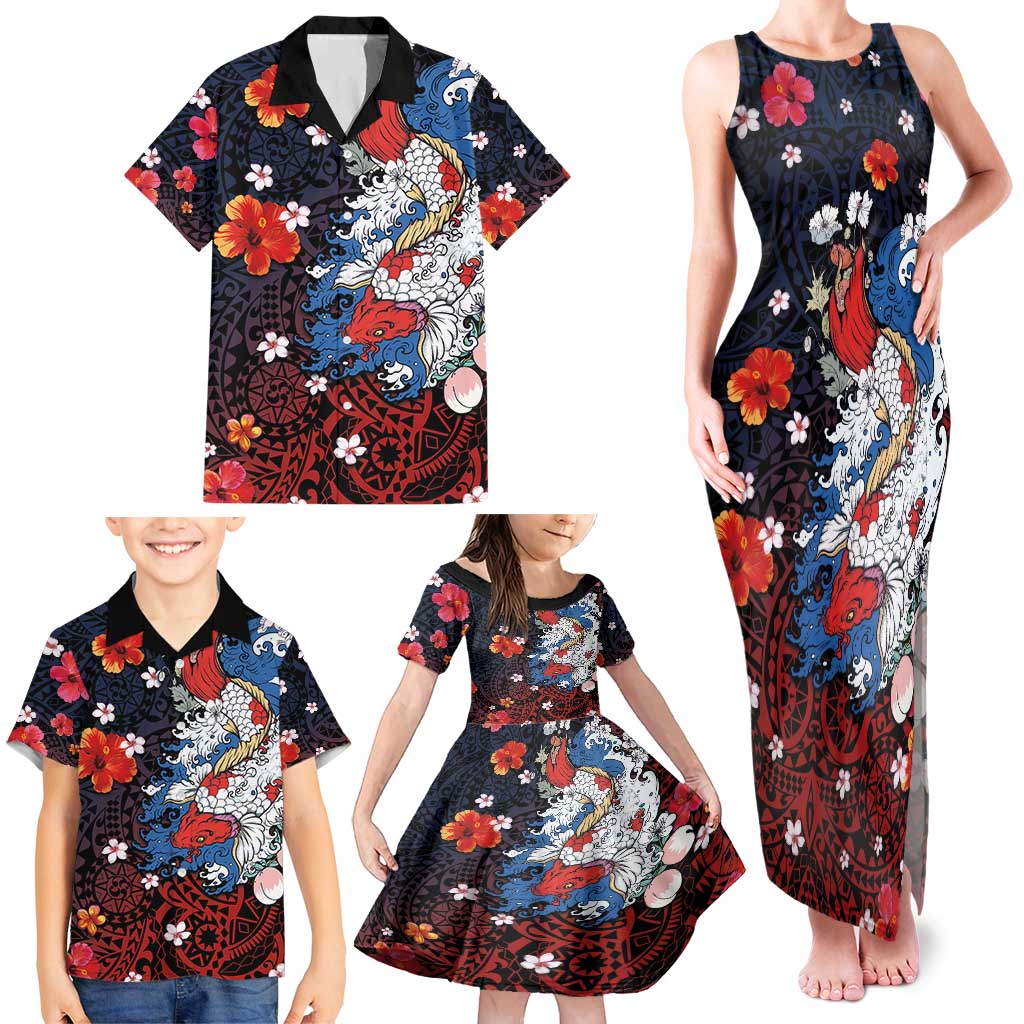Hawaiian and Japanese Together Family Matching Tank Maxi Dress and Hawaiian Shirt Hibiscus and Koi Fish Polynesian Pattern Colorful Style LT03 - Polynesian Pride