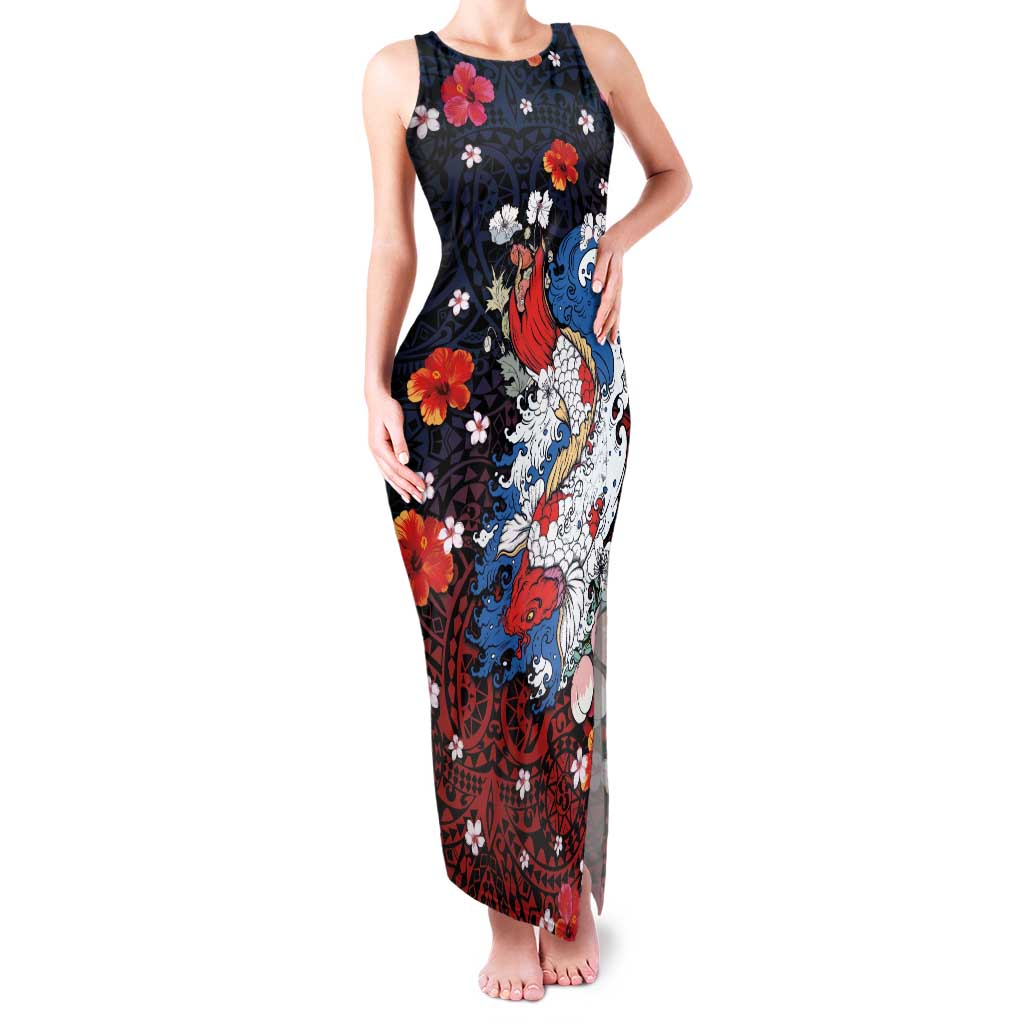 Hawaiian and Japanese Together Family Matching Tank Maxi Dress and Hawaiian Shirt Hibiscus and Koi Fish Polynesian Pattern Colorful Style LT03 Mom's Dress Red - Polynesian Pride