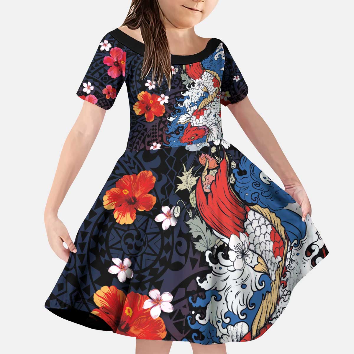 Hawaiian and Japanese Together Kid Short Sleeve Dress Hibiscus and Koi Fish Polynesian Pattern Colorful Style LT03 KID Red - Polynesian Pride