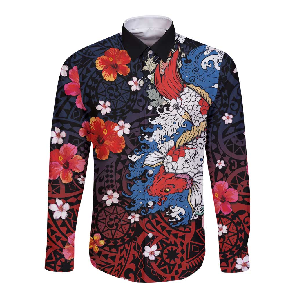 Hawaiian and Japanese Together Long Sleeve Button Shirt Hibiscus and Koi Fish Polynesian Pattern Colorful Style LT03 Unisex Red - Polynesian Pride