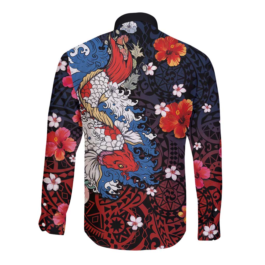 Hawaiian and Japanese Together Long Sleeve Button Shirt Hibiscus and Koi Fish Polynesian Pattern Colorful Style LT03 - Polynesian Pride