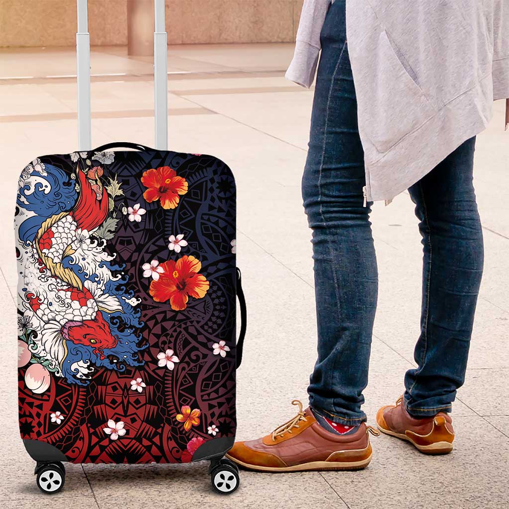Hawaiian and Japanese Together Luggage Cover Hibiscus and Koi Fish Polynesian Pattern Colorful Style LT03 Red - Polynesian Pride