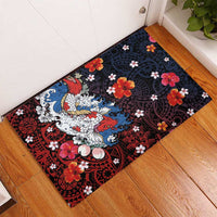 Hawaiian and Japanese Together Rubber Doormat Hibiscus and Koi Fish Polynesian Pattern Colorful Style
