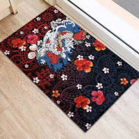 Hawaiian and Japanese Together Rubber Doormat Hibiscus and Koi Fish Polynesian Pattern Colorful Style