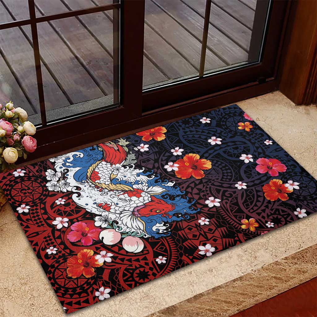 Hawaiian and Japanese Together Rubber Doormat Hibiscus and Koi Fish Polynesian Pattern Colorful Style