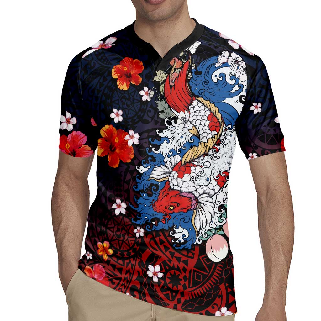 Hawaiian and Japanese Together Rugby Jersey Hibiscus and Koi Fish Polynesian Pattern Colorful Style