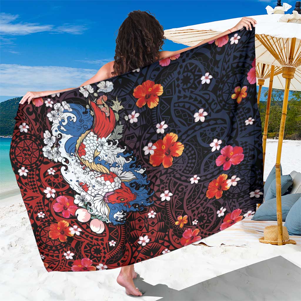 Hawaiian and Japanese Together Sarong Hibiscus and Koi Fish Polynesian Pattern Colorful Style LT03 One Size 44 x 66 inches Red - Polynesian Pride