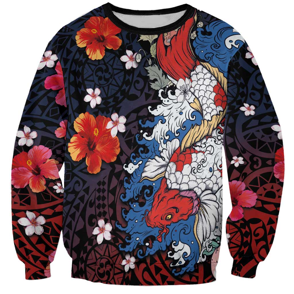 Hawaiian and Japanese Together Sweatshirt Hibiscus and Koi Fish Polynesian Pattern Colorful Style LT03 Unisex Red - Polynesian Pride