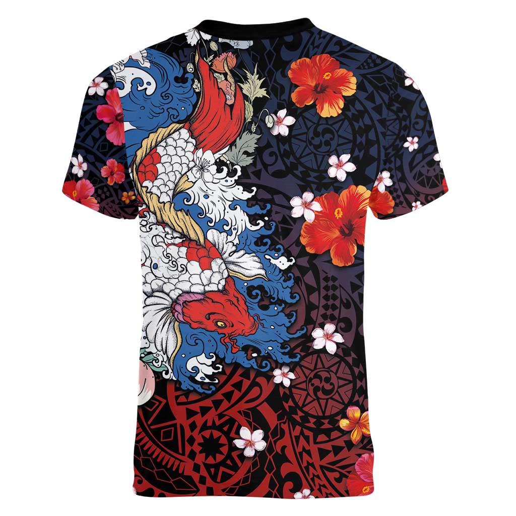 Hawaiian and Japanese Together Women V-Neck T-Shirt Hibiscus and Koi Fish Polynesian Pattern Colorful Style