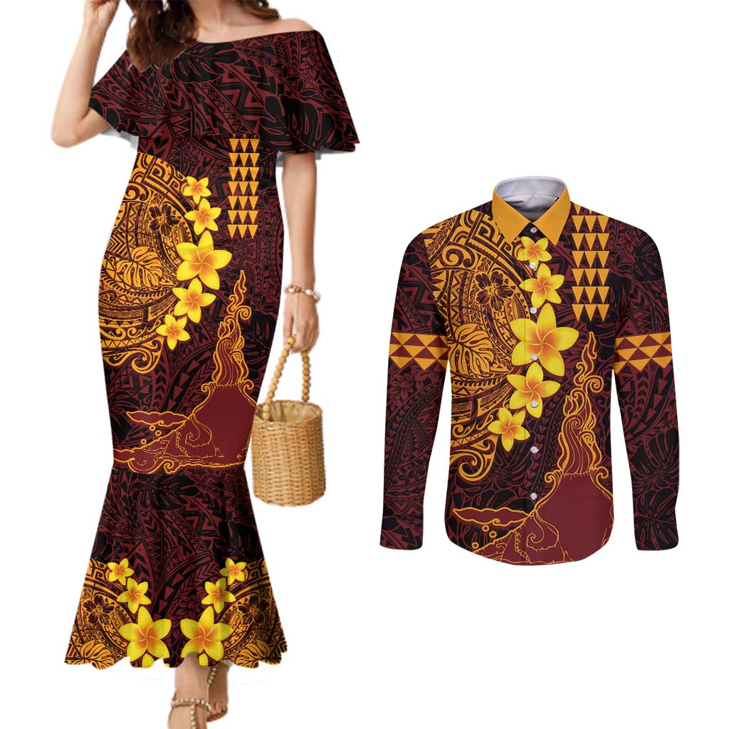 Hawaii Volcano Couples Matching Mermaid Dress and Long Sleeve Button Shirt Polynesian and Kakau Pattern