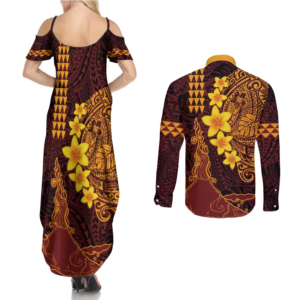 Hawaii Volcano Couples Matching Summer Maxi Dress and Long Sleeve Button Shirt Polynesian and Kakau Pattern