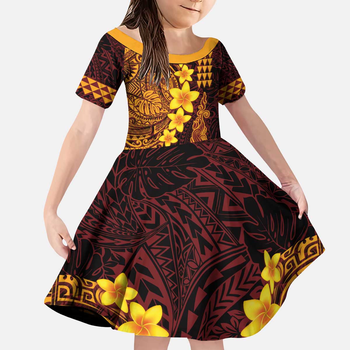 Hawaii Volcano Kid Short Sleeve Dress Polynesian and Kakau Pattern LT03 KID Red - Polynesian Pride