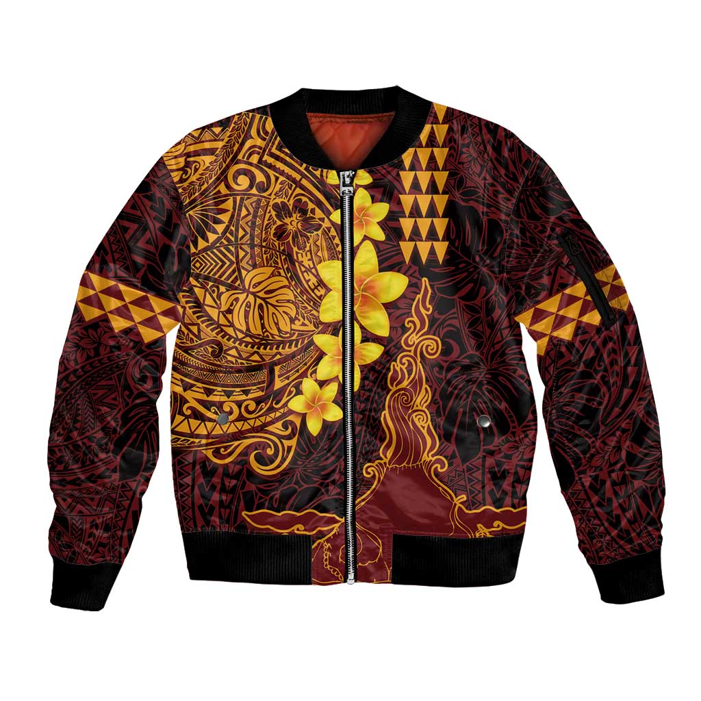 Hawaii Volcano Sleeve Zip Bomber Jacket Polynesian and Kakau Pattern LT03 Unisex Red - Polynesian Pride