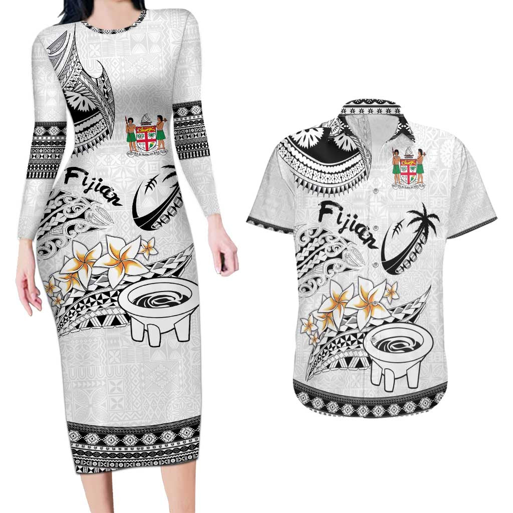 Fijian Traditional Culture Couples Matching Long Sleeve Bodycon Dress and Hawaiian Shirt Tapa Tribal Tattoos LT03 White - Polynesian Pride