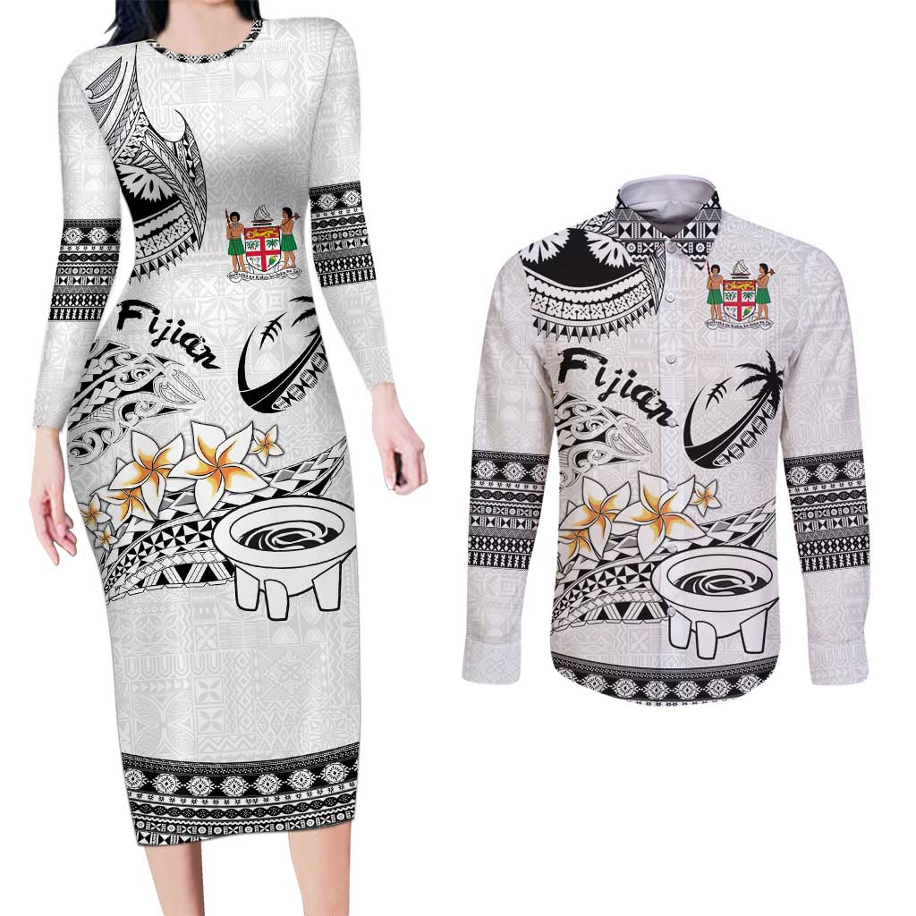 Fijian Traditional Culture Couples Matching Long Sleeve Bodycon Dress and Long Sleeve Button Shirt Tapa Tribal Tattoos LT03 White - Polynesian Pride