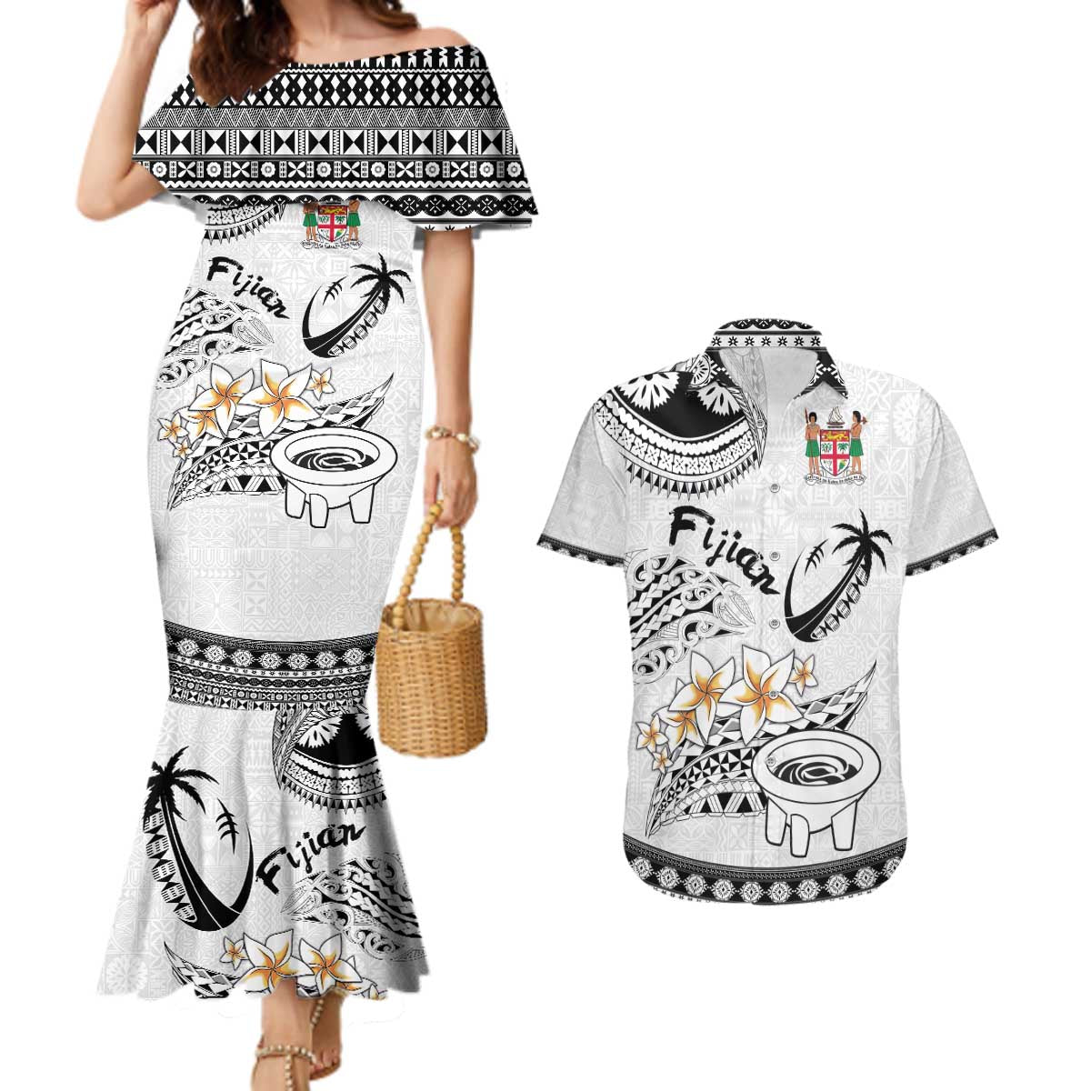 Fijian Traditional Culture Couples Matching Mermaid Dress and Hawaiian Shirt Tapa Tribal Tattoos LT03 White - Polynesian Pride