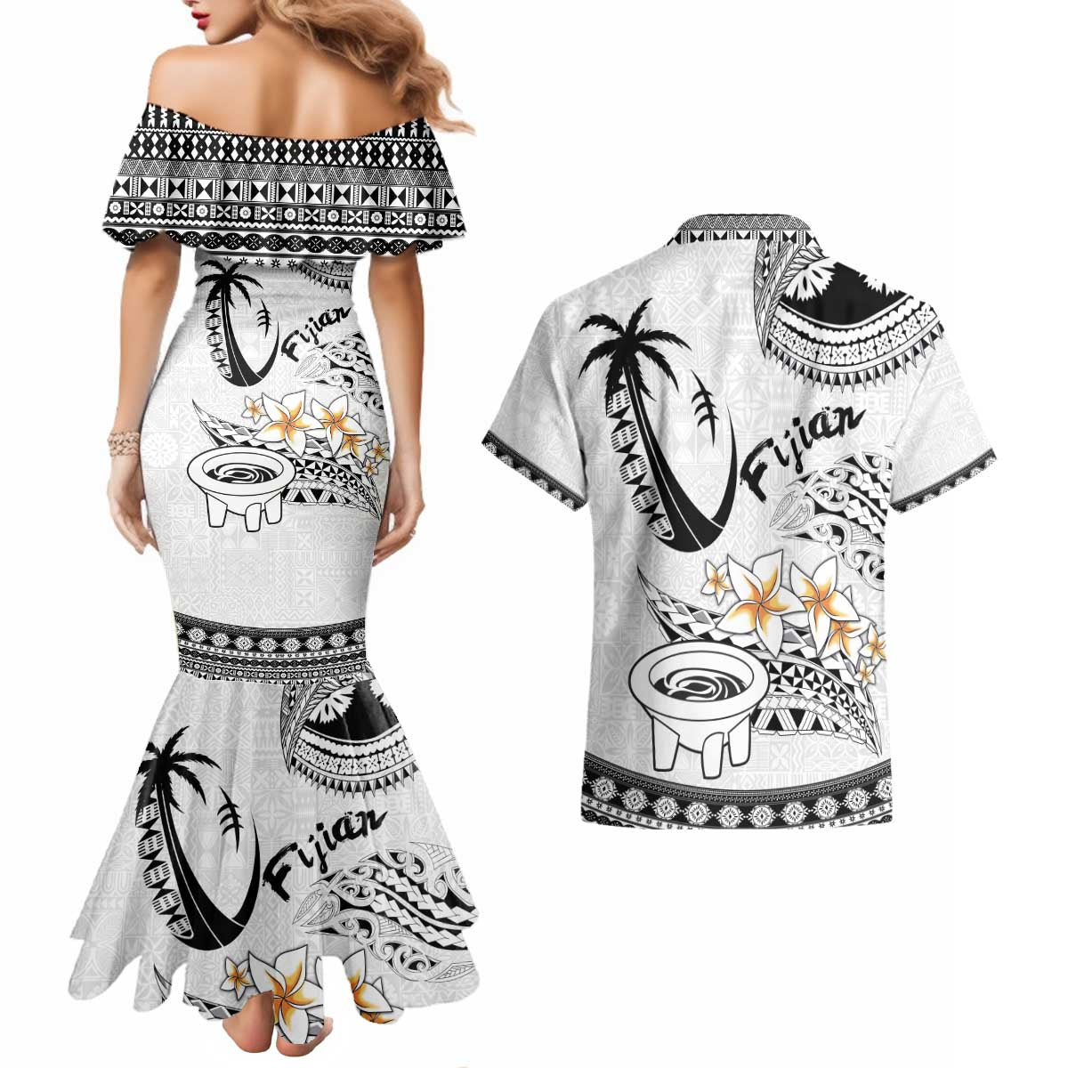 Fijian Traditional Culture Couples Matching Mermaid Dress and Hawaiian Shirt Tapa Tribal Tattoos LT03 - Polynesian Pride