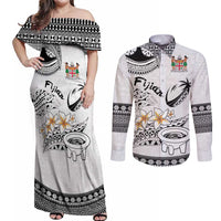 Fijian Traditional Culture Couples Matching Off Shoulder Maxi Dress and Long Sleeve Button Shirt Tapa Tribal Tattoos LT03 White - Polynesian Pride
