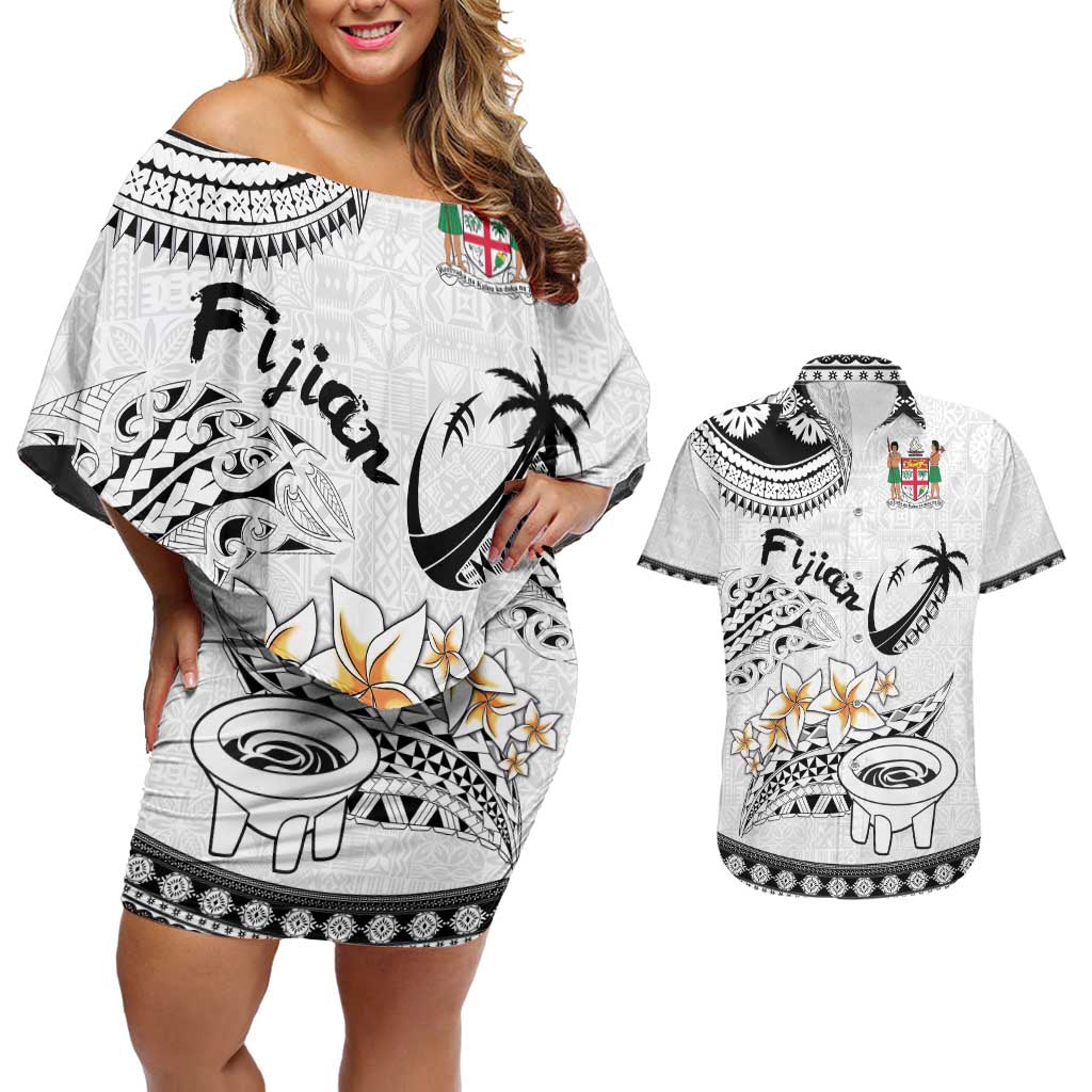 Fijian Traditional Culture Couples Matching Off Shoulder Short Dress and Hawaiian Shirt Tapa Tribal Tattoos LT03 White - Polynesian Pride