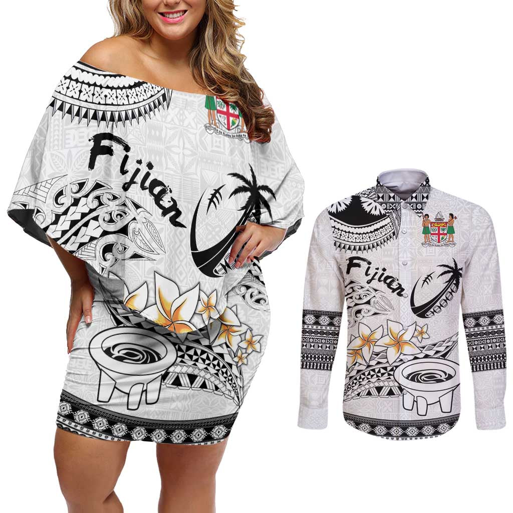 Fijian Traditional Culture Couples Matching Off Shoulder Short Dress and Long Sleeve Button Shirt Tapa Tribal Tattoos LT03 White - Polynesian Pride