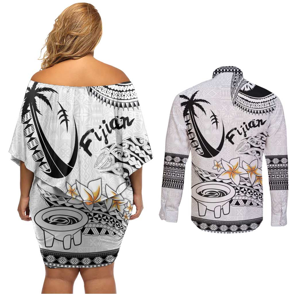 Fijian Traditional Culture Couples Matching Off Shoulder Short Dress and Long Sleeve Button Shirt Tapa Tribal Tattoos LT03 - Polynesian Pride