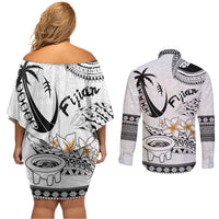 Fijian Traditional Culture Couples Matching Off Shoulder Short Dress and Long Sleeve Button Shirt Tapa Tribal Tattoos LT03 - Polynesian Pride