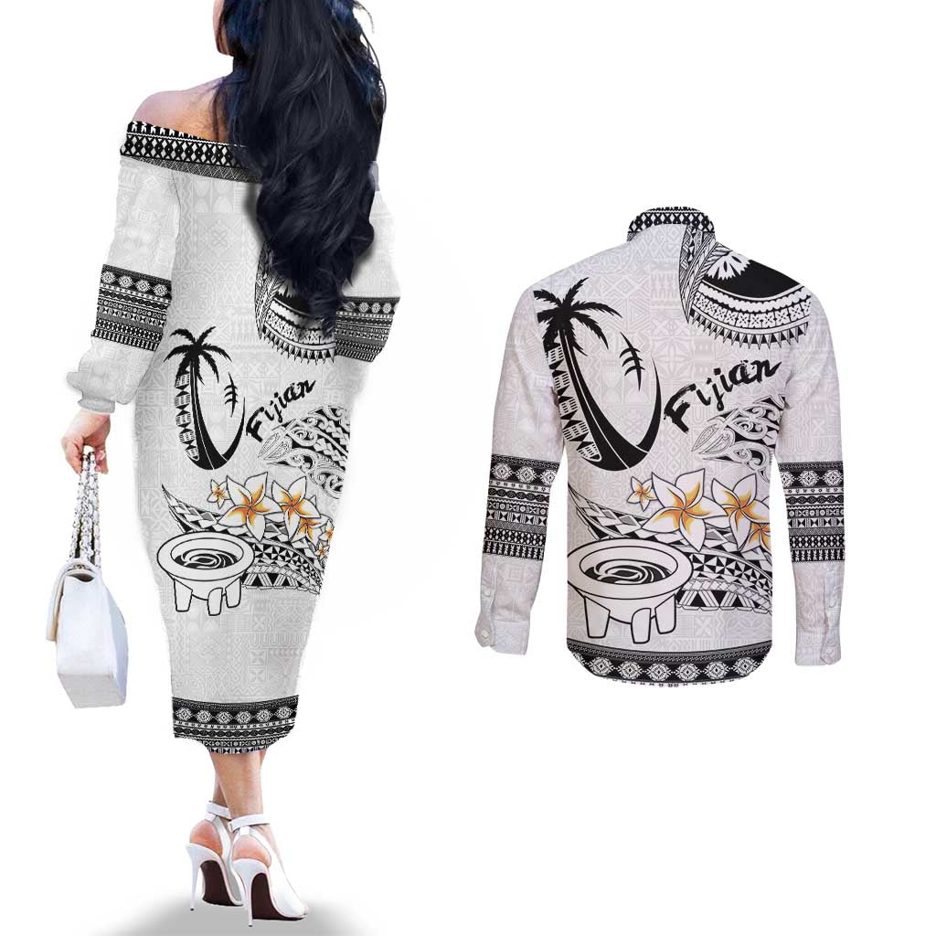 Fijian Traditional Culture Couples Matching Off The Shoulder Long Sleeve Dress and Long Sleeve Button Shirt Tapa Tribal Tattoos LT03 - Polynesian Pride