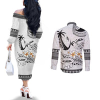 Fijian Traditional Culture Couples Matching Off The Shoulder Long Sleeve Dress and Long Sleeve Button Shirt Tapa Tribal Tattoos LT03 - Polynesian Pride