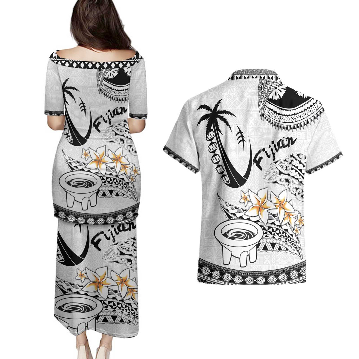 Fijian Traditional Culture Couples Matching Puletasi and Hawaiian Shirt Tapa Tribal Tattoos - Polynesian Pride