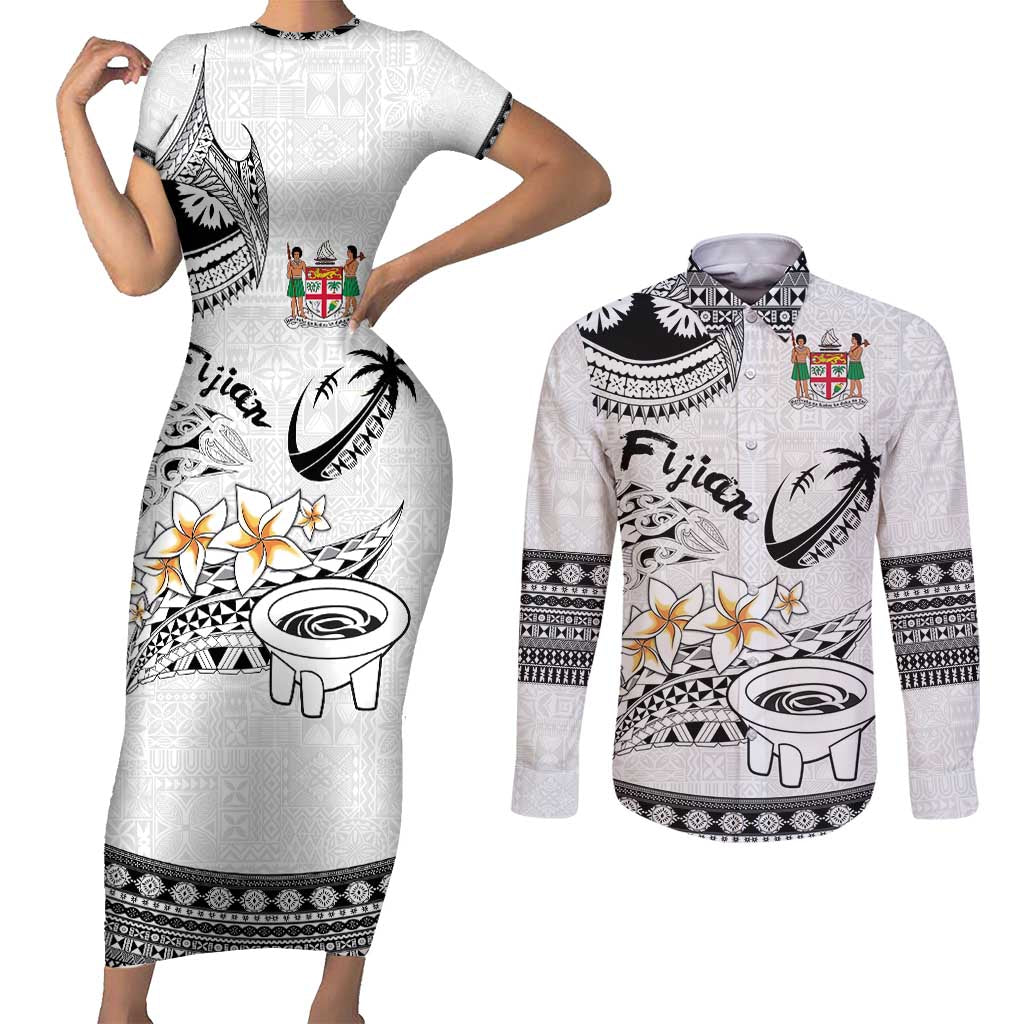 Fijian Traditional Culture Couples Matching Short Sleeve Bodycon Dress and Long Sleeve Button Shirt Tapa Tribal Tattoos LT03 White - Polynesian Pride