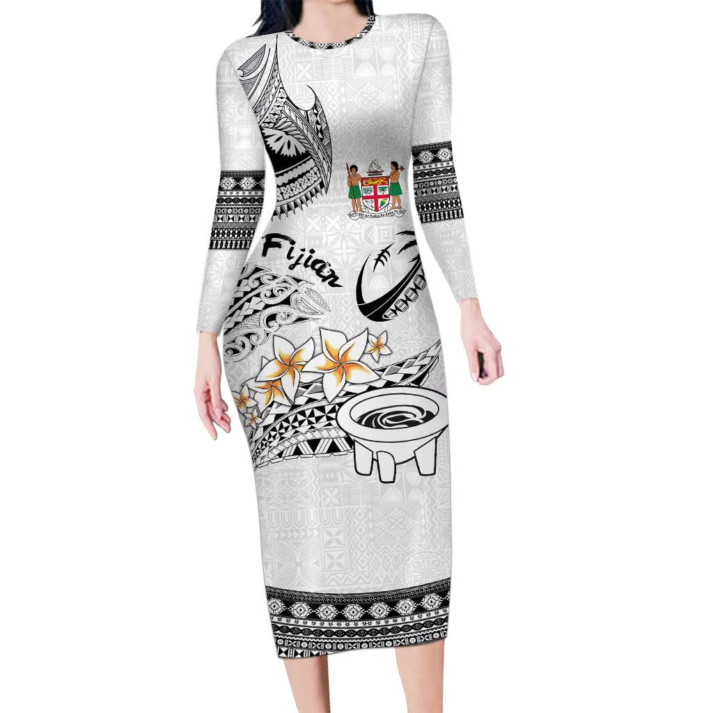 Fijian Traditional Culture Family Matching Long Sleeve Bodycon Dress and Hawaiian Shirt Tapa Tribal Tattoos LT03 Mom's Dress White - Polynesian Pride