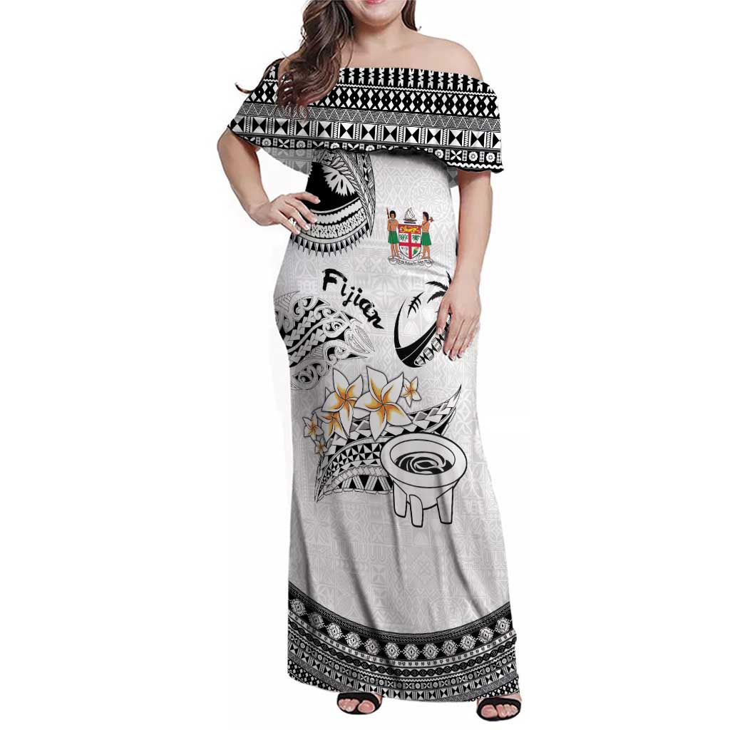 Fijian Traditional Culture Family Matching Off Shoulder Maxi Dress and Hawaiian Shirt Tapa Tribal Tattoos LT03 Mom's Dress White - Polynesian Pride