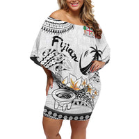 Fijian Traditional Culture Family Matching Off Shoulder Short Dress and Hawaiian Shirt Tapa Tribal Tattoos LT03 Mom's Dress White - Polynesian Pride