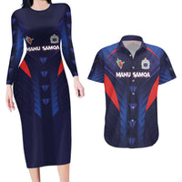 Custom Rugby Samoa Couples Matching Long Sleeve Bodycon Dress and Hawaiian Shirt Siva Tau Spirit Sporty Vibes LT03 Navy - Polynesian Pride
