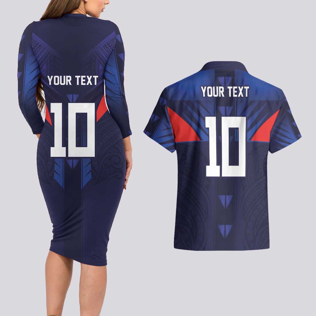 Custom Rugby Samoa Couples Matching Long Sleeve Bodycon Dress and Hawaiian Shirt Siva Tau Spirit Sporty Vibes LT03 - Polynesian Pride