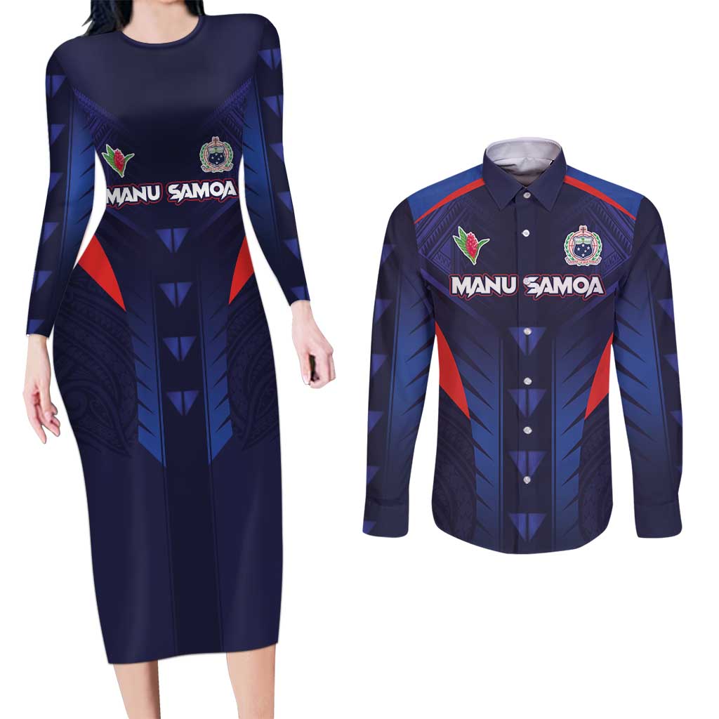 Custom Rugby Samoa Couples Matching Long Sleeve Bodycon Dress and Long Sleeve Button Shirt Siva Tau Spirit Sporty Vibes LT03 Navy - Polynesian Pride