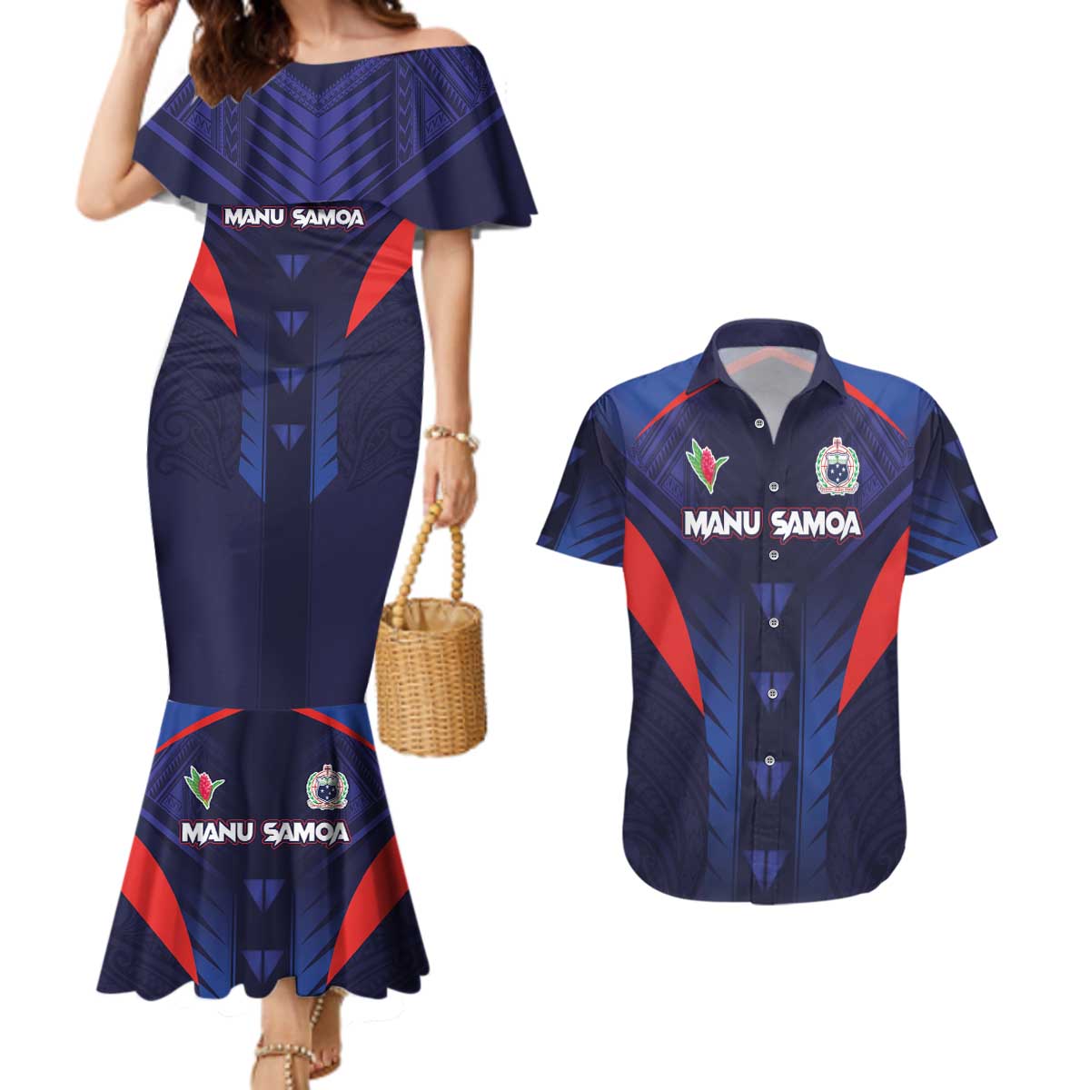 Custom Rugby Samoa Couples Matching Mermaid Dress and Hawaiian Shirt Siva Tau Spirit Sporty Vibes LT03 Navy - Polynesian Pride