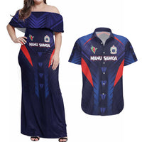 Custom Rugby Samoa Couples Matching Off Shoulder Maxi Dress and Hawaiian Shirt Siva Tau Spirit Sporty Vibes LT03 Navy - Polynesian Pride