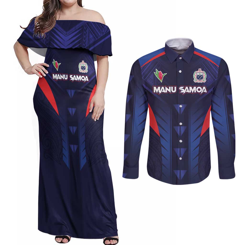 Custom Rugby Samoa Couples Matching Off Shoulder Maxi Dress and Long Sleeve Button Shirt Siva Tau Spirit Sporty Vibes - Polynesian Pride