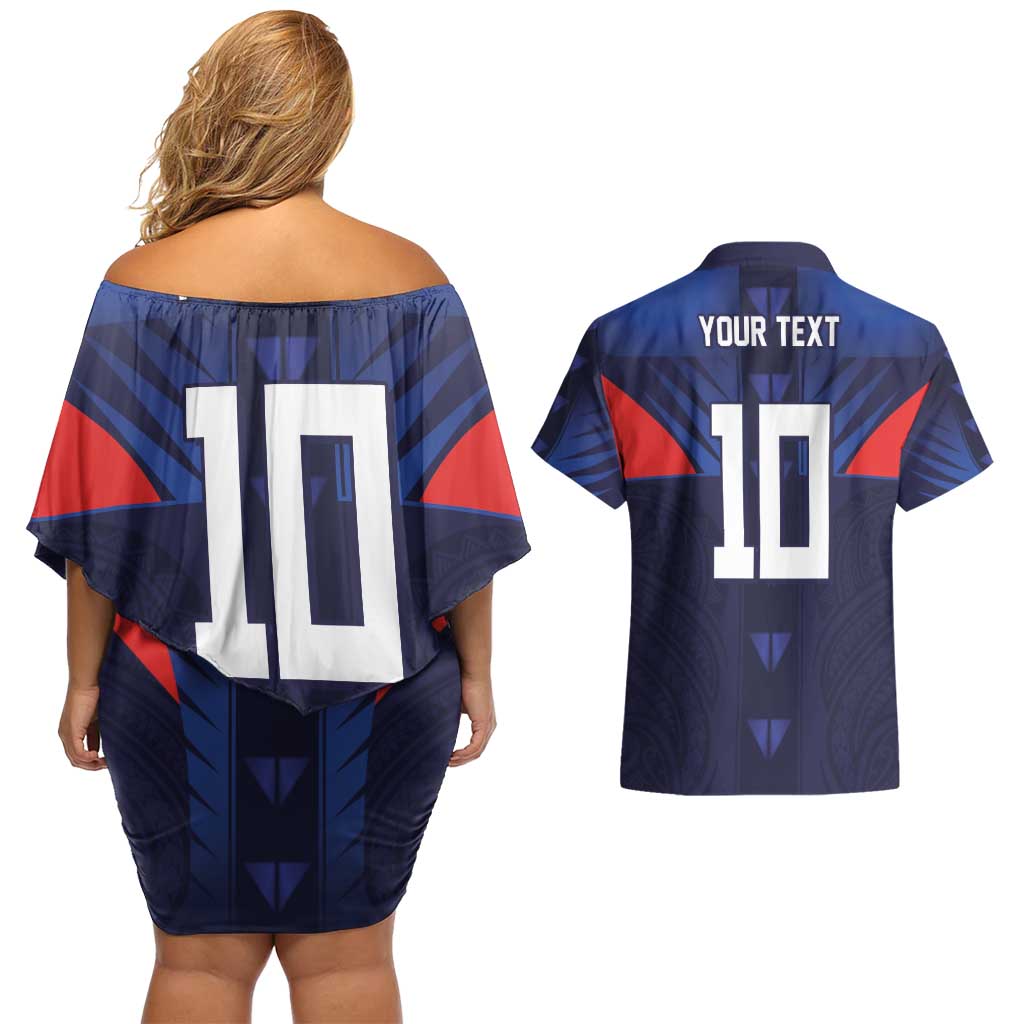 Custom Rugby Samoa Couples Matching Off Shoulder Short Dress and Hawaiian Shirt Siva Tau Spirit Sporty Vibes LT03 - Polynesian Pride