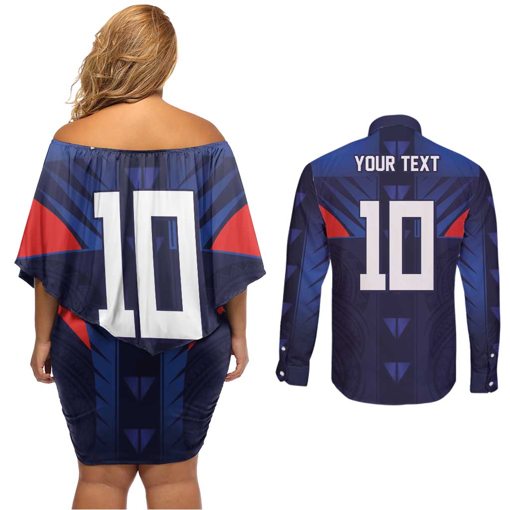 Custom Rugby Samoa Couples Matching Off Shoulder Short Dress and Long Sleeve Button Shirt Siva Tau Spirit Sporty Vibes - Polynesian Pride