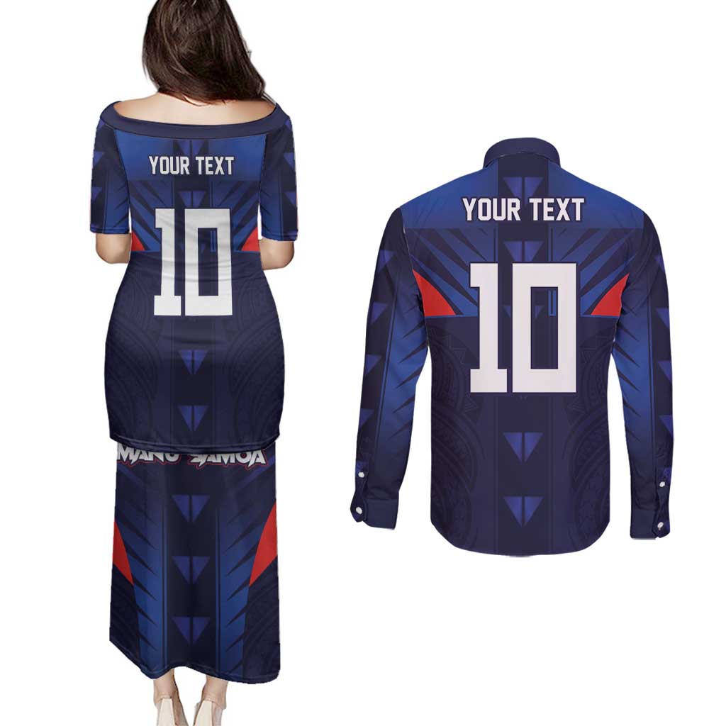 Custom Rugby Samoa Couples Matching Puletasi and Long Sleeve Button Shirt Siva Tau Spirit Sporty Vibes - Polynesian Pride