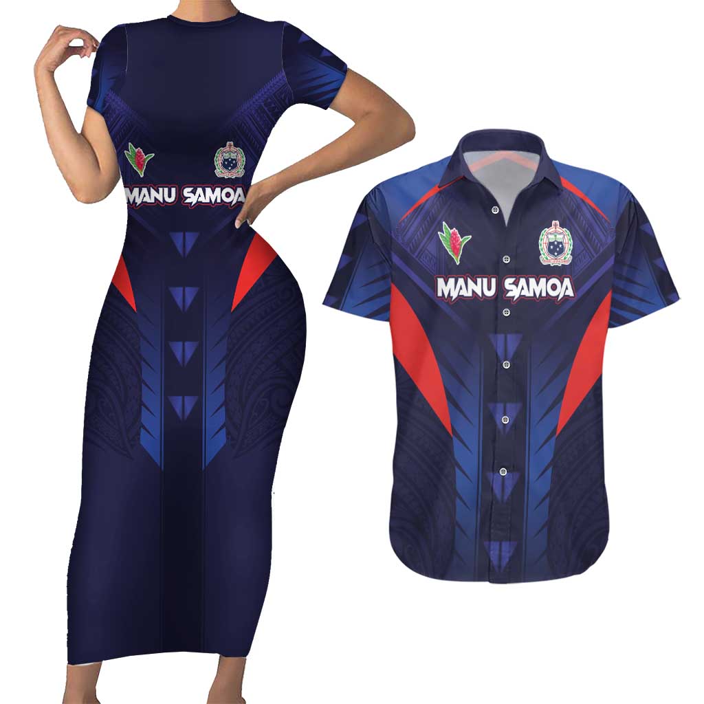 Custom Rugby Samoa Couples Matching Short Sleeve Bodycon Dress and Hawaiian Shirt Siva Tau Spirit Sporty Vibes LT03 Navy - Polynesian Pride
