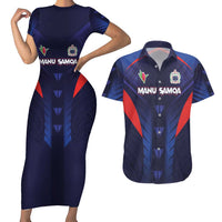Custom Rugby Samoa Couples Matching Short Sleeve Bodycon Dress and Hawaiian Shirt Siva Tau Spirit Sporty Vibes LT03 Navy - Polynesian Pride