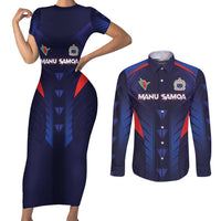 Custom Rugby Samoa Couples Matching Short Sleeve Bodycon Dress and Long Sleeve Button Shirt Siva Tau Spirit Sporty Vibes LT03 Navy - Polynesian Pride