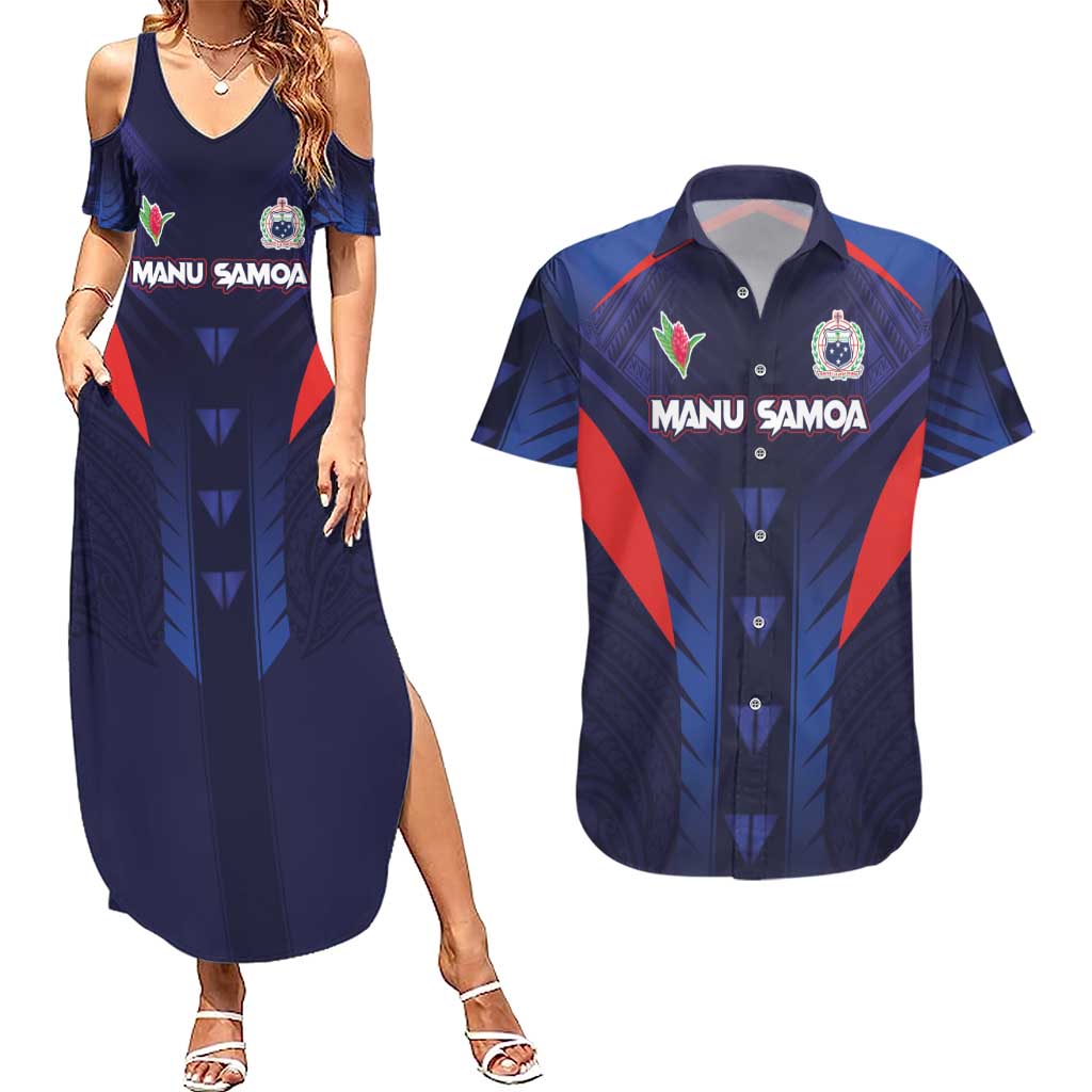 Custom Rugby Samoa Couples Matching Summer Maxi Dress and Hawaiian Shirt Siva Tau Spirit Sporty Vibes LT03 Navy - Polynesian Pride