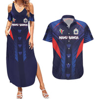 Custom Rugby Samoa Couples Matching Summer Maxi Dress and Hawaiian Shirt Siva Tau Spirit Sporty Vibes LT03 Navy - Polynesian Pride
