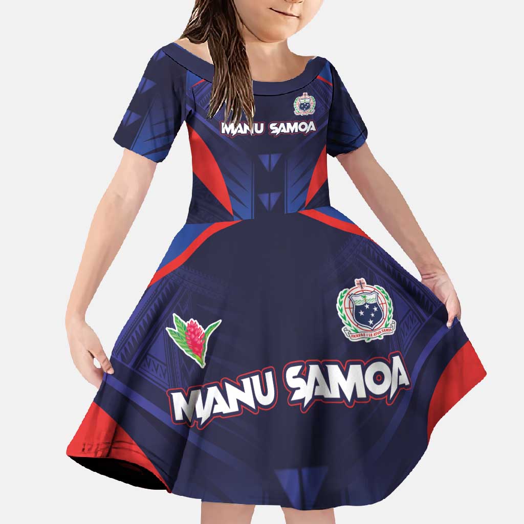 Custom Rugby Samoa Family Matching Mermaid Dress and Hawaiian Shirt Siva Tau Spirit Sporty Vibes LT03 Daughter's Dress Navy - Polynesian Pride